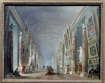 La Grande galerie du Louvre 1801 年至 1805 年间 Hubert Robert (1733-1808) 作画 0,37 x 0,46 巴黎卢浮宫博物馆 - 1801 年至 1805 年间的卢浮宫大礼堂。 Hubert Robert (1733-1808) 的画作，0.37 x 0.46。 巴黎卢浮宫博物馆 作者 休伯特·罗伯特