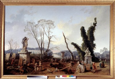 Le Carpet Vert at the time of the cutting of trees in the winter of 1774-1775 in the gardens of Versailles (in the foreground, King Louis XVI and Queen Marie-Antoinette). The green carpet is also called the royal allee. Painting by Hubert Robert (1733-1808 作者 休伯特·罗伯特