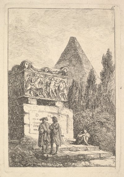 图6：石棺：两名男子向左交谈，另一名男子坐下睡觉。 1763-64。 作者 休伯特·罗伯特
