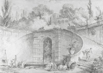 大型楼梯，1761-1765（钢笔和黑色墨水，刷子和灰色水洗和黑色粉笔上的水彩画在白色纸上留下水印） 作者 休伯特·罗伯特