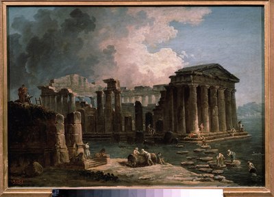 四面环水的寺庙于贝尔-罗贝尔（1733-1808 年）的油画，约 1780 年，法国艺术。莫斯科国立普希金美术馆。 作者 休伯特·罗伯特