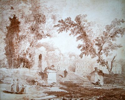 带露台的花园景色（纸上的红色粉笔画） 作者 休伯特·罗伯特