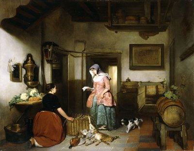 1852年，一个与女性打扫游戏的储藏室的内部 作者 胡伯特斯·范霍夫