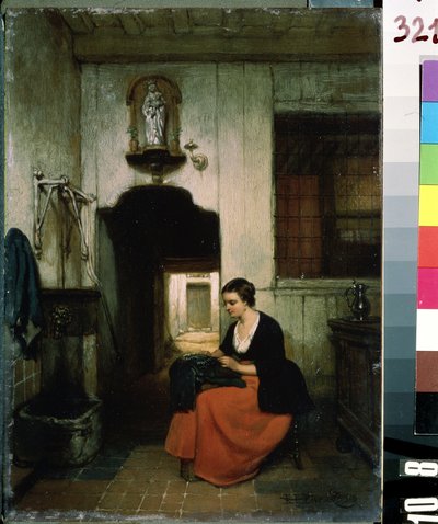 "La brodeuse"（女刺绣师），在比利时室内缝纫的年轻女子。Hubertus van Hove（1814-1865 年）的画作，1860 年 Mikhail Kroshitsky 艺术博物馆，塞瓦斯托波尔（塞巴斯托波尔），乌克兰 作者 胡伯特斯·范霍夫
