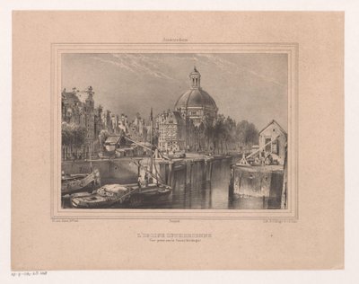 看看 Stromarkt、het Singel 和 de Lutherse kerk 路德教会。 在运河上拍摄的景观（称为 Singel）（对象上的标题） 阿姆斯特丹八景纪念品，由 H. van Hove Bz 从大自然中绘制和版画。 （系列标题） 作者 休布·范霍夫 Bz