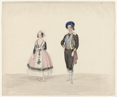身着历史服饰的男女，1841 年
六幅 1841 年化妆舞会历史服饰水彩画（系列标题） 作者 休布·范霍夫 Bz