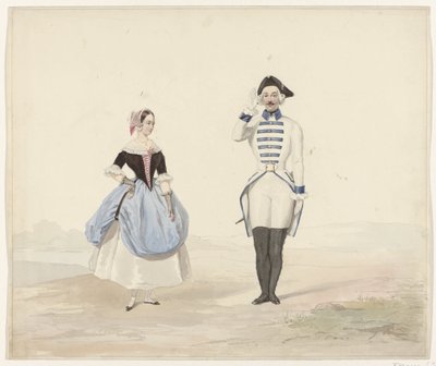 身着历史服饰的男女，1841 年
六幅 1841 年化妆舞会历史服饰水彩画（系列标题） 作者 休布·范霍夫 Bz