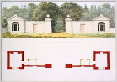 拟议的新入口门户和小屋的高程和地面图，来自安东尼红皮书，1812年（纸上写着） 作者 汉弗莱·雷普顿