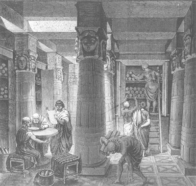 1880年Histoire Generale des Peuples的埃及亚历山大市托勒密图书馆的虚构娱乐 作者 匈牙利学校