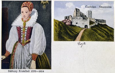 明信片描绘伯爵夫人Elisabeth Bathory（1560-1614）和Castle Cachtice 作者 匈牙利学校