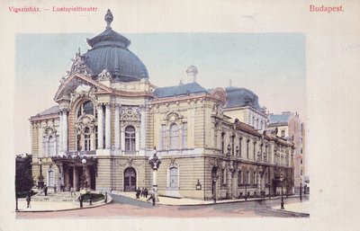 明信片描绘在布达佩斯Grand Boulevard的Vigszinhaz（喜剧剧院），c.1900（彩色照片后） 作者 匈牙利学校