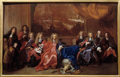 The prevot and the echevins of the city of Paris deliberating on the commemoration of the dinner offered to Louis XIV at the Hotel de Ville after his war in 1687. Painting by Hyacinthe Rigaud (1659-1743) 作者 风信子 Francois Rigaud