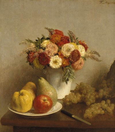 鲜花和水果，1865年 作者 Ignace Henri Jean Fantin Latour