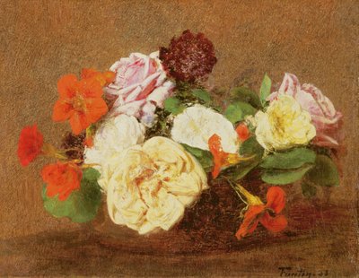 玫瑰和旱金莲花瓶，1883年 作者 Ignace Henri Jean Fantin Latour