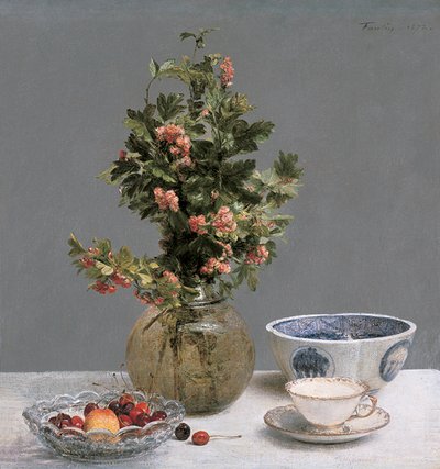 静物与山楂花瓶，樱桃碗，日本碗和杯碟 作者 伊格纳斯·亨利·让·范坦·拉图尔