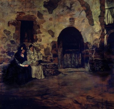 （两名带门塔拉和扇子的妇女，在卡塞里奥门前）-二十世纪 作者 Ignacio Zuloaga y Zabaleta