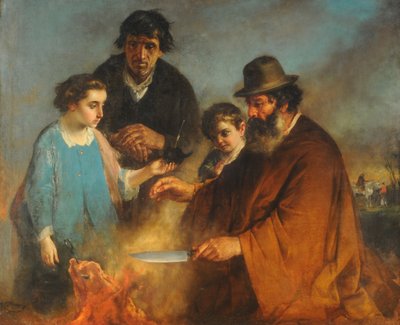 烤肉，约1871年（布面油画） 作者 伊格纳齐奥·曼佐尼