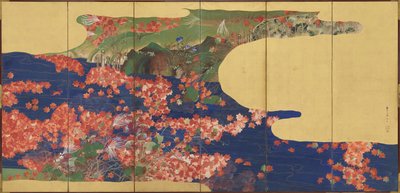 枫叶在溪流上，六面板屏幕，江户时代，1856-58（镀金纸上的墨水和颜色） 作者 池田科森