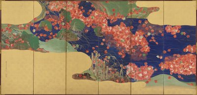 枫叶在溪流上，六面板屏幕，江户时代，1856-58 作者 池田科森