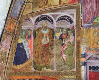 圣弗朗西斯恳求教皇Honorius III确认放纵，壁画来自Porziuncola，1393 作者 Ilario da Viterbo