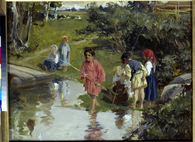 伊拉里昂·米哈伊洛维奇 (Illarion Mikhailovich) 普里亚尼什尼科夫儿童钓鱼 (1840-1894) 作者 Illarion Mikhailovich Pryanishnikov