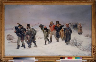 1812 年（被俘的拿破仑 "大军团 "俘虏在俄罗斯农民的护送下，精疲力竭地在雪地里行进）。Illarion Mikhailovich Pryanishnikov（1840-1894 年）的画作，布面油画 作者 Illarion Mikhailovich Pryanishnikov