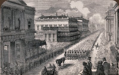 已故威灵顿公爵的葬礼 - Pall-Mall 的游行队伍，1852 S3 V0042000 V0042526 作者 伦敦新闻画报