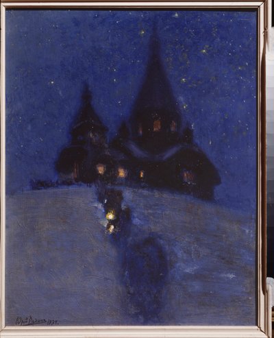 圣诞夜库奥卡拉（或俄罗斯列皮诺）的教堂。 尤里·伊里奇·列宾 (Yuri Ilyich Repin) (1877-1954) 的绘画，木板油画，约 1910 年。俄罗斯艺术，20 世纪。 I.列宾纪念博物馆佩纳特斯，圣彼得堡。 作者 Ilya Efimovich Repin