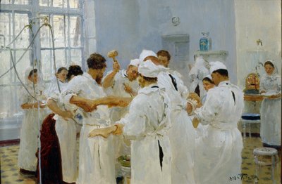 手术室中的外科医生伊万-巴甫洛夫（1849-1936 年）。在他的医疗团队、助手和护士的簇拥下，外科医生正在为一名病人做手术。伊利亚-叶菲莫维奇-列宾（Ilia Yefimovich Repin）的画作（1 作者 伊利亚·叶菲莫维奇·列宾