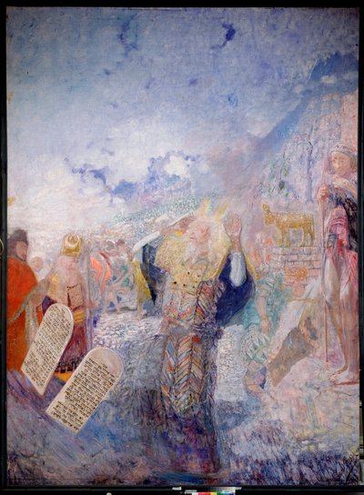 摩西和十诫。在他身后，是金牛。尤里-伊里奇-列宾（Yuri Ilyich Repin）（1877-1954 年）的画作，布面油画，约 1930 年。俄罗斯艺术，20 世纪，现代艺术。I.列宾纪念博物馆，圣彼得堡。 作者 伊利亚·叶菲莫维奇·列宾