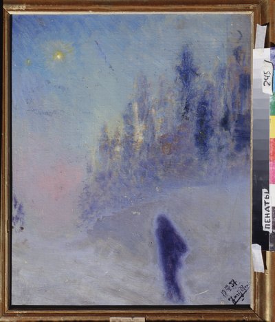 冬天的路。 尤里·伊里奇·列宾 (1877-1954) 的绘画，木板油画 作者 伊利亚·叶菲莫维奇·列宾