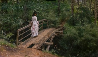 夏日风景。阿布拉姆采沃小桥上的维拉-雷宾娜 作者 伊利亚·叶菲莫维奇·列宾