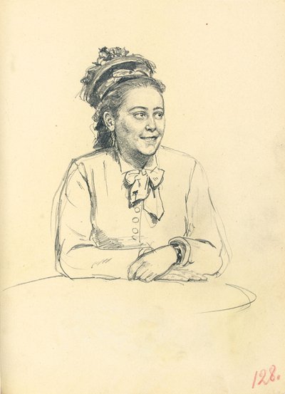 研究“巴黎咖啡馆”：坐着的女人，用弓和双手合十。 1872-1875年 作者 伊利亚·叶菲莫维奇·列宾