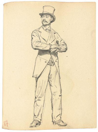 研究“巴黎咖啡馆”：戴帽子的站立的人，双腿分开，c。 1872-1875年 作者 伊利亚·叶菲莫维奇·列宾