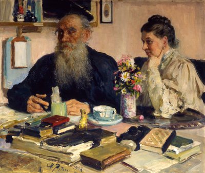 作家列夫-托尔斯泰和他的妻子在亚斯纳亚-波利亚纳》，1907年。   作者 伊利亚·叶菲莫维奇·列宾