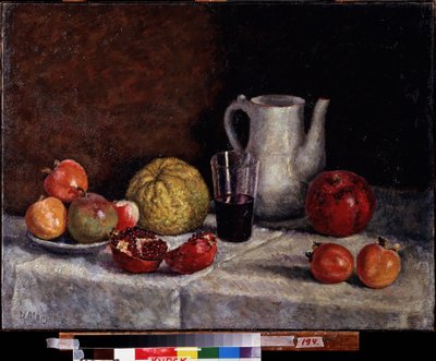 静物与石榴。 伊利亚·伊万诺维奇·马什科夫 (Ilia Machkov, Matchkov) (1881-1944) 的绘画，布面油画，1930 年底。20 世纪俄罗斯艺术，苏联艺术。 库尔斯克地区 A. Deineka 美术馆（俄罗斯）。 作者 伊利亚·伊万诺维奇·马什科夫