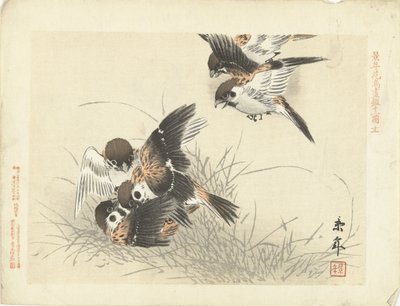五只麻雀在战斗
Keinen 的花鸟素描（系列标题）
Keinen kacho gafu（实物上的系列名称） 作者 青木小三郎