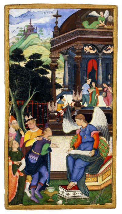 与一群欧洲人交谈的天使，c。 1610 作者 印度艺术