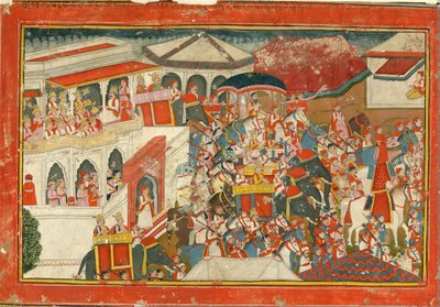 克里希纳和巴拉拉玛从宫殿出发，c。 1840年 作者 印度艺术