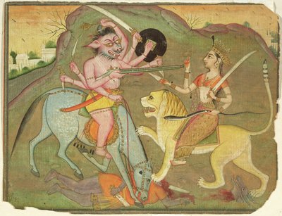 47.110/174 Durga 与 Mahishasura 的战斗，来自“Devi Mahatmya”的作品集，梵文，反面文字，比卡内尔，拉贾斯坦邦，拉杰普特学校 作者 印度学校