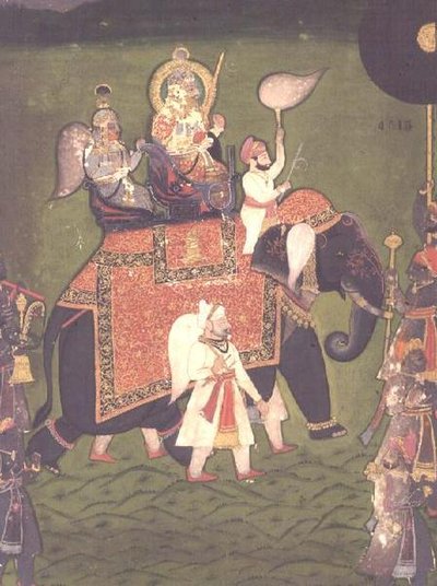 AS10 相册 43 no.4515 梅瓦尔的拉纳-贾万-辛格（1828-38 年）骑在一头披着鬃毛的大象身上，约 1835 年（不透明水彩画） 作者 印度学校