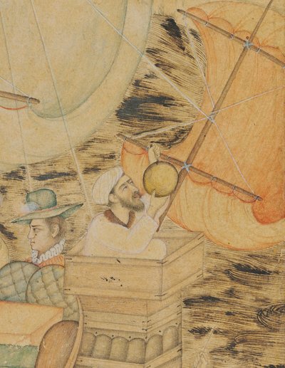 约1590年，印度莫卧儿受海怪袭击的一艘轻快帆船（纸上金色和银色加深的不透明颜料） 作者 印度学校
