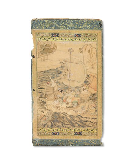 约1590年，印度莫卧儿受海怪袭击的一艘轻快帆船（纸上金色和银色加深的不透明颜料） 作者 印度学校