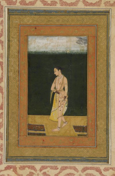 一位女士走进一个花园，专辑对开，画作，1730 作者 印度学校