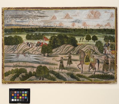 1780年，一位纳瓦布人和他的保留者参加一次狩猎探险（不透明的水彩和纸上的金色） 作者 印度学校