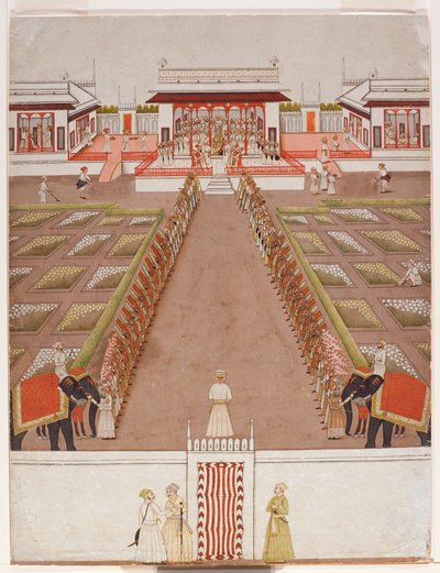 一个Nawab在一个亭子内举行法庭，在一个大道和两头大象之外，c.1765（不透明的wc＆黄金在纸上） 作者 印度学校