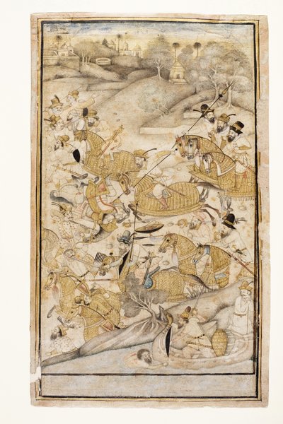 欧洲人的战斗，1700年（不透明的wc和黄金在纸上） 作者 印度学校