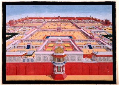 从东面鸟瞰德里红堡，显示一位皇帝，可能是沙-阿拉姆（1759-1806 年）进入右侧的 Diwan-i-Khas，约 1780-90 年（不透明水彩）) 作者 印度学校