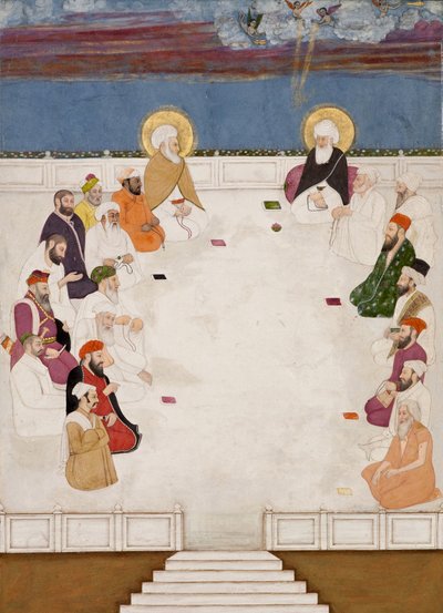 一群印度圣徒和圣人，包括Mullah Shah和Aurangzeb，坐着，17.25（纸上不透明的黄金和黄金） 作者 印度学校