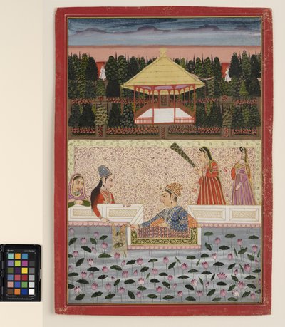 王子和公主在荷花池旁玩烟火，约1760年（不透明的水彩和纸上的金色） 作者 印度学校